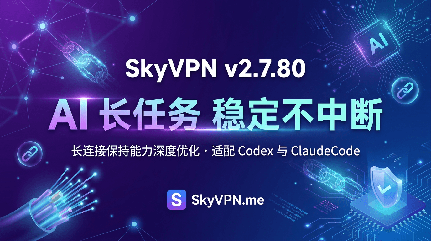 SkyVPN v2.7.80 针对 Codex 和 ClaudeCode 长任务进行专项优化：提供更加稳定的长连接保持能力